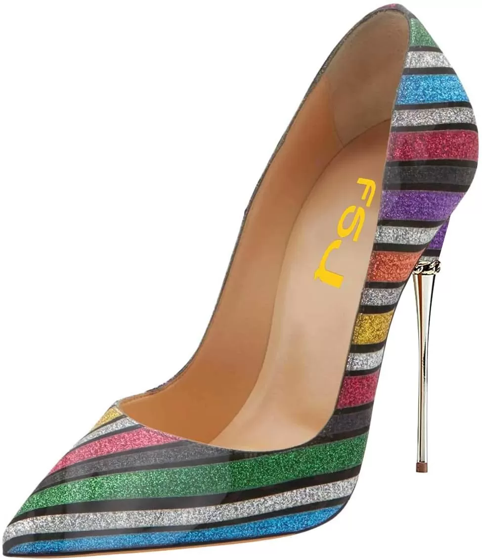 imageFSJ Women Sexy Slip On Formal Pumps Stiletto Heels Pointy Toe Chic Party Evening Dress Ladies Work Shoes Size 415 USMulticolored Stripes