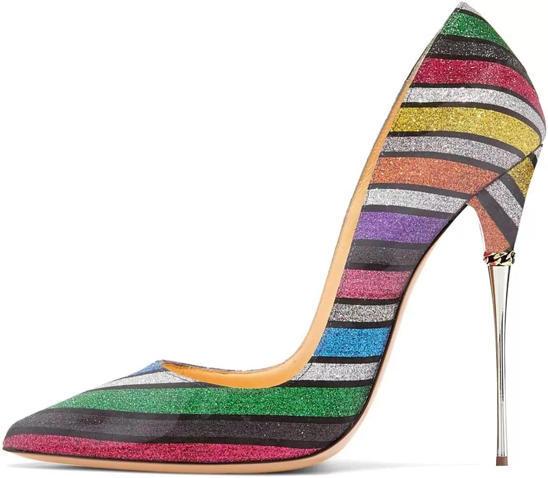 imageFSJ Women Sexy Slip On Formal Pumps Stiletto Heels Pointy Toe Chic Party Evening Dress Ladies Work Shoes Size 415 USMulticolored Stripes