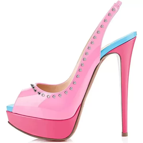 imageFSJ Women Awesome Platform Peep Toe Pumps Slingback High Heel Stilettos Prom Shoes Size 415 M USPink Rivets