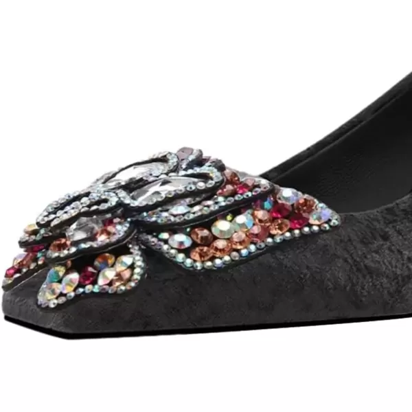 imageFSJ Women Block Low Heel Pump Crystal Heel Square Toe Rhinestone Butterfly Velvet Dress Pump Slip On Work Casual Daily Life Party Shoes Size 415 USBlack