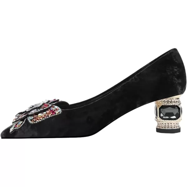 imageFSJ Women Block Low Heel Pump Crystal Heel Square Toe Rhinestone Butterfly Velvet Dress Pump Slip On Work Casual Daily Life Party Shoes Size 415 USBlack