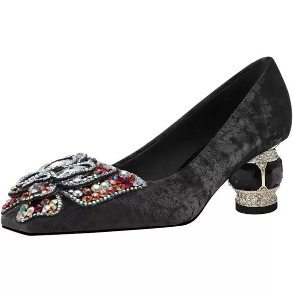 imageFSJ Women Block Low Heel Pump Crystal Heel Square Toe Rhinestone Butterfly Velvet Dress Pump Slip On Work Casual Daily Life Party Shoes Size 415 USBlack