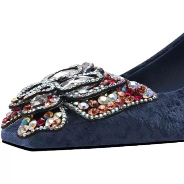 imageFSJ Women Block Low Heel Pump Crystal Heel Square Toe Rhinestone Butterfly Velvet Dress Pump Slip On Work Casual Daily Life Party Shoes Size 415 USBlue