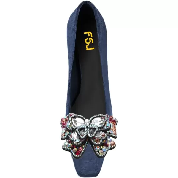 imageFSJ Women Block Low Heel Pump Crystal Heel Square Toe Rhinestone Butterfly Velvet Dress Pump Slip On Work Casual Daily Life Party Shoes Size 415 USBlue