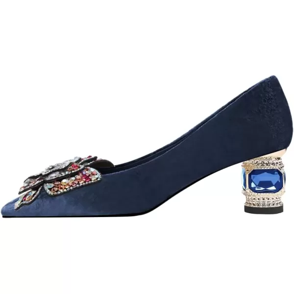 imageFSJ Women Block Low Heel Pump Crystal Heel Square Toe Rhinestone Butterfly Velvet Dress Pump Slip On Work Casual Daily Life Party Shoes Size 415 USBlue