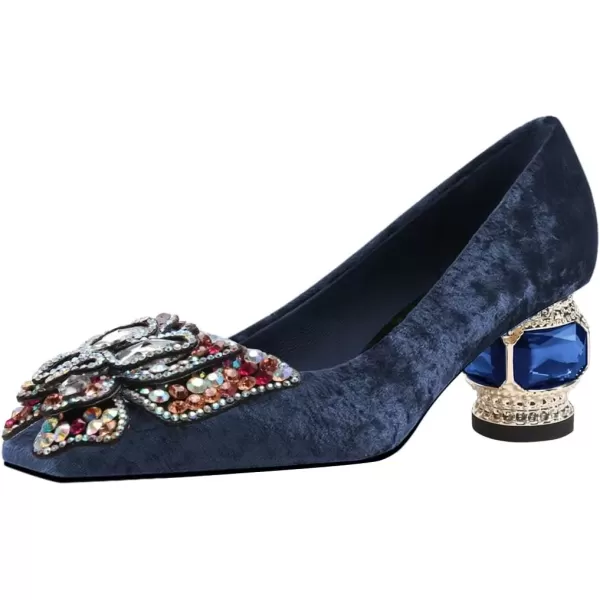 imageFSJ Women Block Low Heel Pump Crystal Heel Square Toe Rhinestone Butterfly Velvet Dress Pump Slip On Work Casual Daily Life Party Shoes Size 415 USBlue