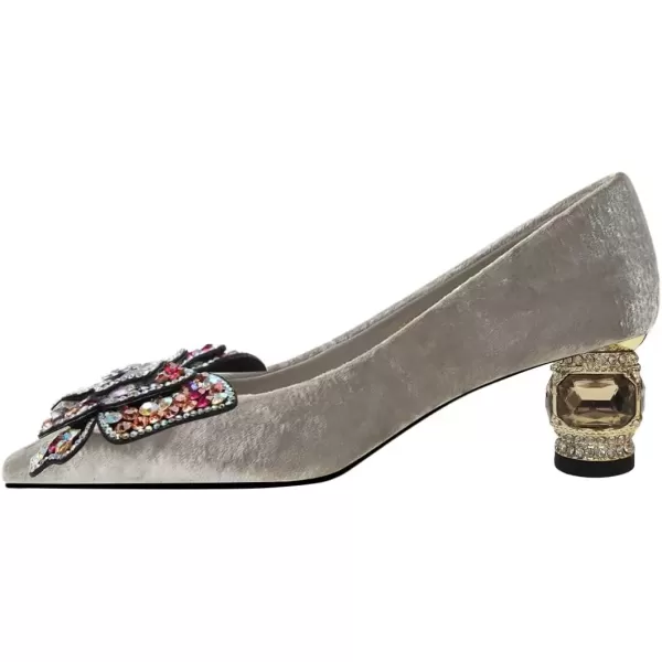 imageFSJ Women Block Low Heel Pump Crystal Heel Square Toe Rhinestone Butterfly Velvet Dress Pump Slip On Work Casual Daily Life Party Shoes Size 415 USGrey