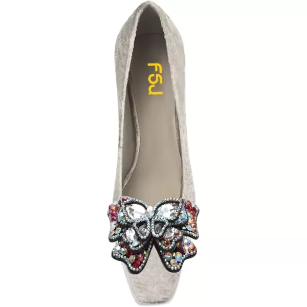 imageFSJ Women Block Low Heel Pump Crystal Heel Square Toe Rhinestone Butterfly Velvet Dress Pump Slip On Work Casual Daily Life Party Shoes Size 415 USGrey