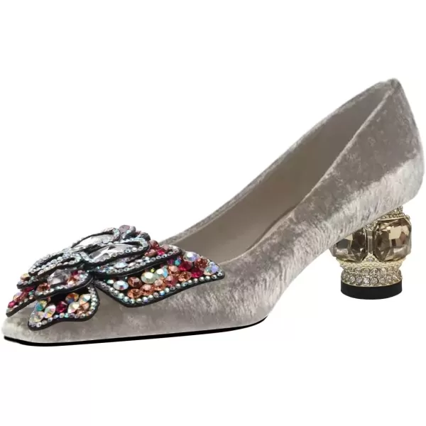imageFSJ Women Block Low Heel Pump Crystal Heel Square Toe Rhinestone Butterfly Velvet Dress Pump Slip On Work Casual Daily Life Party Shoes Size 415 USGrey