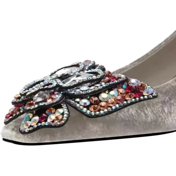 imageFSJ Women Block Low Heel Pump Crystal Heel Square Toe Rhinestone Butterfly Velvet Dress Pump Slip On Work Casual Daily Life Party Shoes Size 415 USGrey