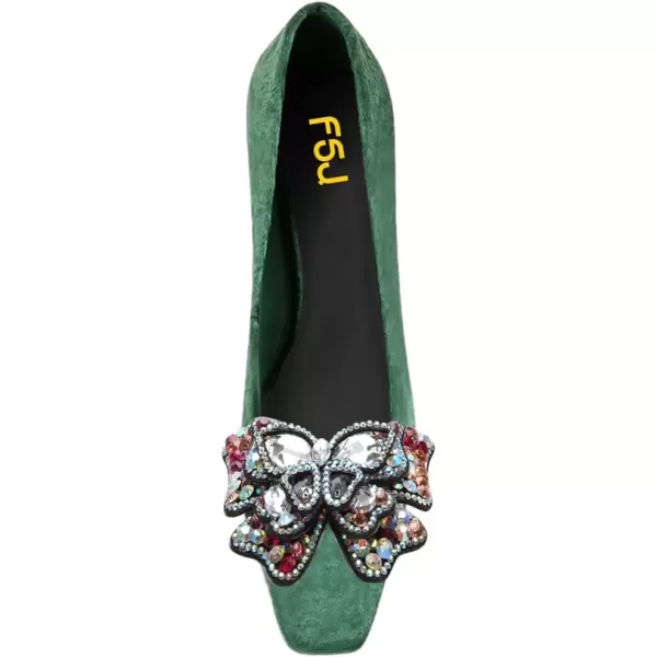 imageFSJ Women Block Low Heel Pump Crystal Heel Square Toe Rhinestone Butterfly Velvet Dress Pump Slip On Work Casual Daily Life Party Shoes Size 415 USGreen