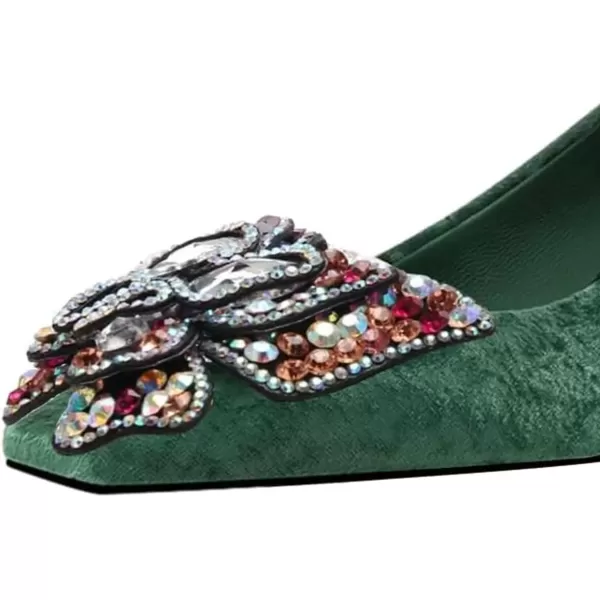 imageFSJ Women Block Low Heel Pump Crystal Heel Square Toe Rhinestone Butterfly Velvet Dress Pump Slip On Work Casual Daily Life Party Shoes Size 415 USGreen