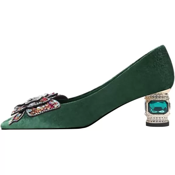 imageFSJ Women Block Low Heel Pump Crystal Heel Square Toe Rhinestone Butterfly Velvet Dress Pump Slip On Work Casual Daily Life Party Shoes Size 415 USGreen