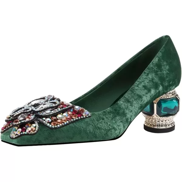 imageFSJ Women Block Low Heel Pump Crystal Heel Square Toe Rhinestone Butterfly Velvet Dress Pump Slip On Work Casual Daily Life Party Shoes Size 415 USGreen