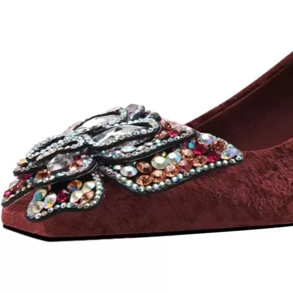 imageFSJ Women Block Low Heel Pump Crystal Heel Square Toe Rhinestone Butterfly Velvet Dress Pump Slip On Work Casual Daily Life Party Shoes Size 415 USRed