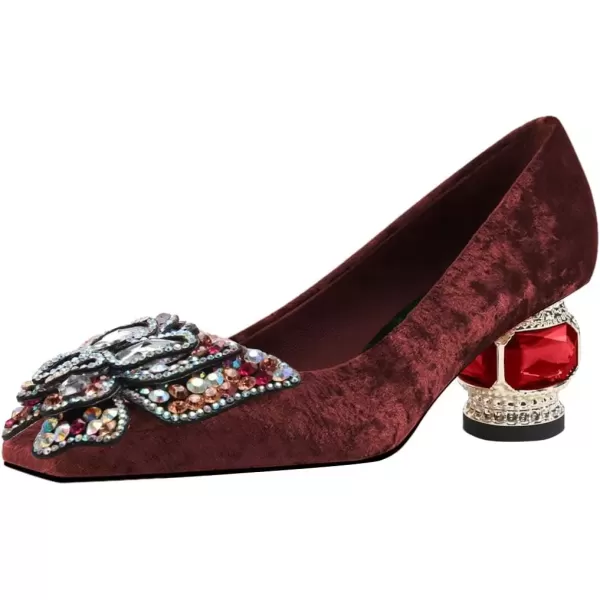imageFSJ Women Block Low Heel Pump Crystal Heel Square Toe Rhinestone Butterfly Velvet Dress Pump Slip On Work Casual Daily Life Party Shoes Size 415 USRed