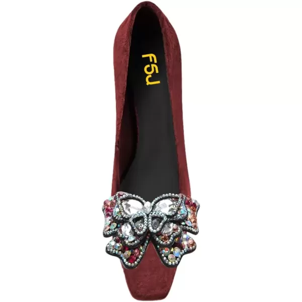 imageFSJ Women Block Low Heel Pump Crystal Heel Square Toe Rhinestone Butterfly Velvet Dress Pump Slip On Work Casual Daily Life Party Shoes Size 415 USRed