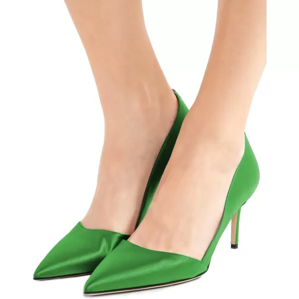 imageFSJ Women Elegant Pointed Toe Mid Heels Satin Dress Pumps Slip On Evening Party Shoes Size 415 USGreen