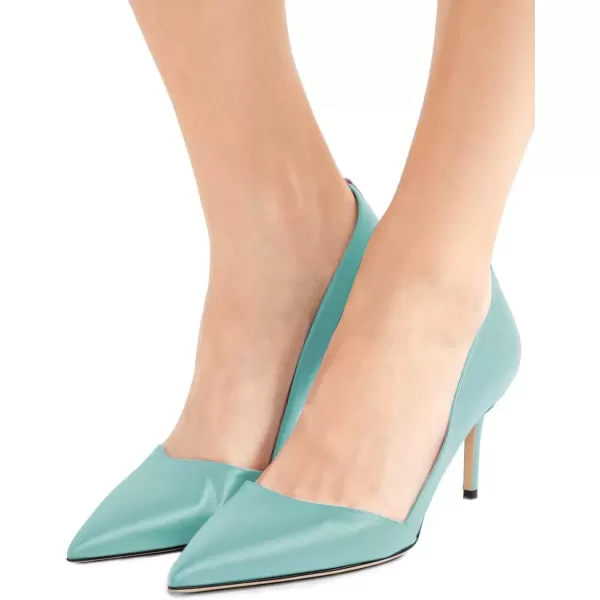 imageFSJ Women Elegant Pointed Toe Mid Heels Satin Dress Pumps Slip On Evening Party Shoes Size 415 USLight Blue
