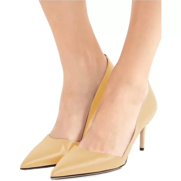 imageFSJ Women Elegant Pointed Toe Mid Heels Satin Dress Pumps Slip On Evening Party Shoes Size 415 USLight Yellow