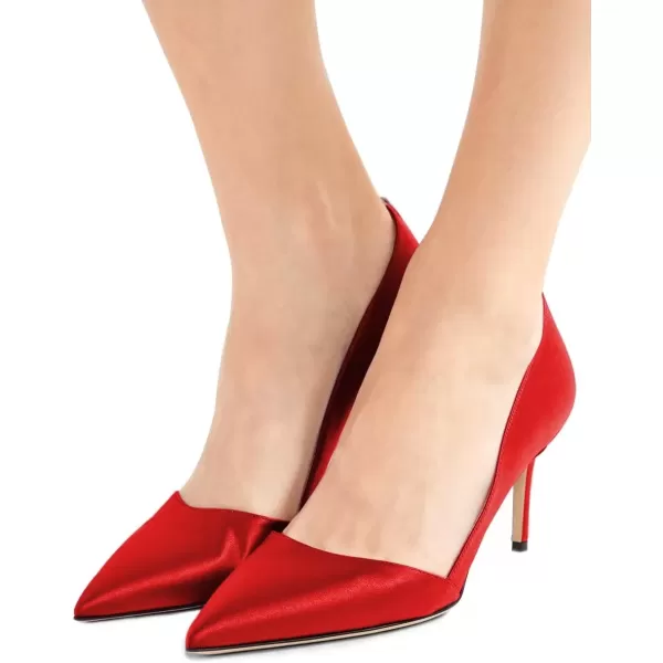 imageFSJ Women Elegant Pointed Toe Mid Heels Satin Dress Pumps Slip On Evening Party Shoes Size 415 USRed