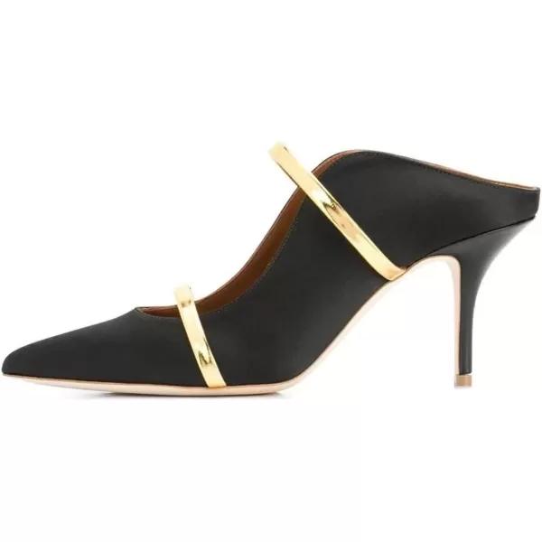 imageFSJ Women Fashion Pointy Toe Mules Sandals High Heels Pumps Double Straps Slide Sandals Casual Summer Party Shoes Size 415 M USBlack Satin 8 Cm