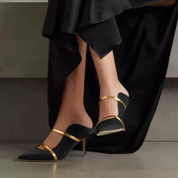 imageFSJ Women Fashion Pointy Toe Mules Sandals High Heels Pumps Double Straps Slide Sandals Casual Summer Party Shoes Size 415 M USBlack Satin 8 Cm