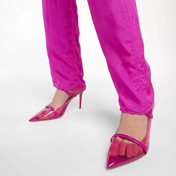 imageFSJ Women Fashion Pointy Toe Mules Sandals High Heels Pumps Double Straps Slide Sandals Casual Summer Party Shoes Size 415 M USFuchsia Clear