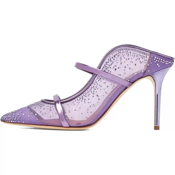 imageFSJ Women Fashion Pointy Toe Mules Sandals High Heels Pumps Double Straps Slide Sandals Casual Summer Party Shoes Size 415 M USPurple Mesh