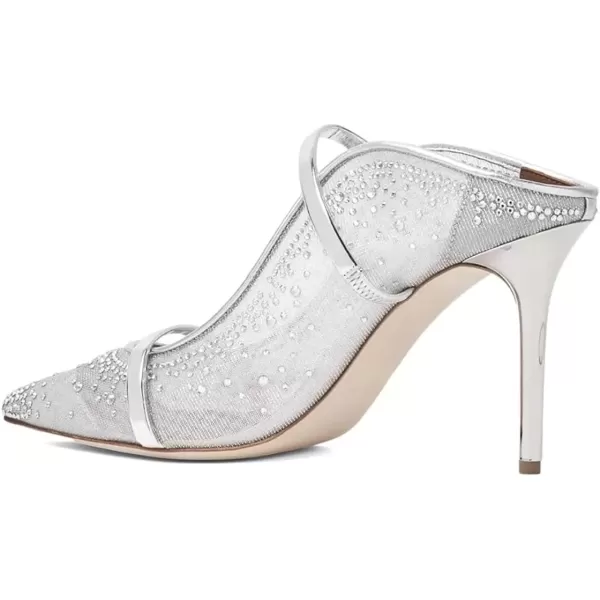 imageFSJ Women Fashion Pointy Toe Mules Sandals High Heels Pumps Double Straps Slide Sandals Casual Summer Party Shoes Size 415 M USSilver Mesh