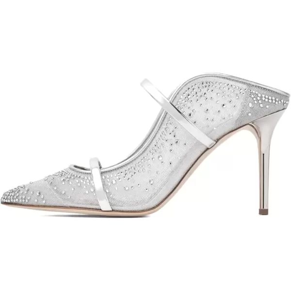 imageFSJ Women Fashion Pointy Toe Mules Sandals High Heels Pumps Double Straps Slide Sandals Casual Summer Party Shoes Size 415 M USSilver Mesh