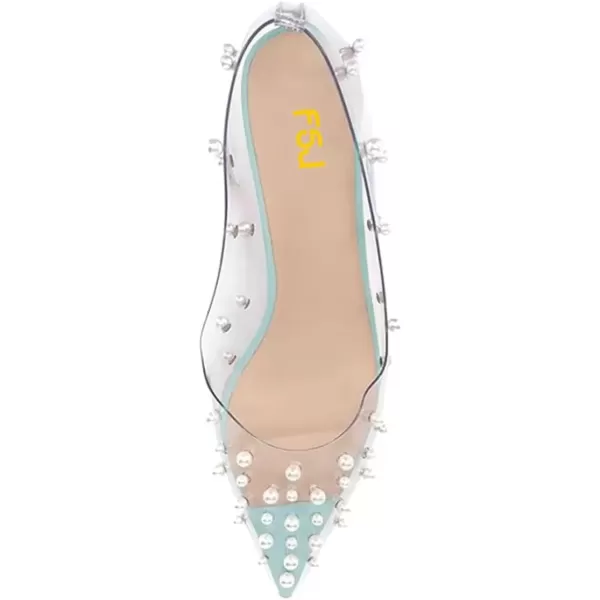 imageFSJ Women Fashion Transparent Clear Pumps Kitten Low Heels Studded Rhinestones Studs Slip On Bridal Party Dress Shoes Size 415 USTurquoise