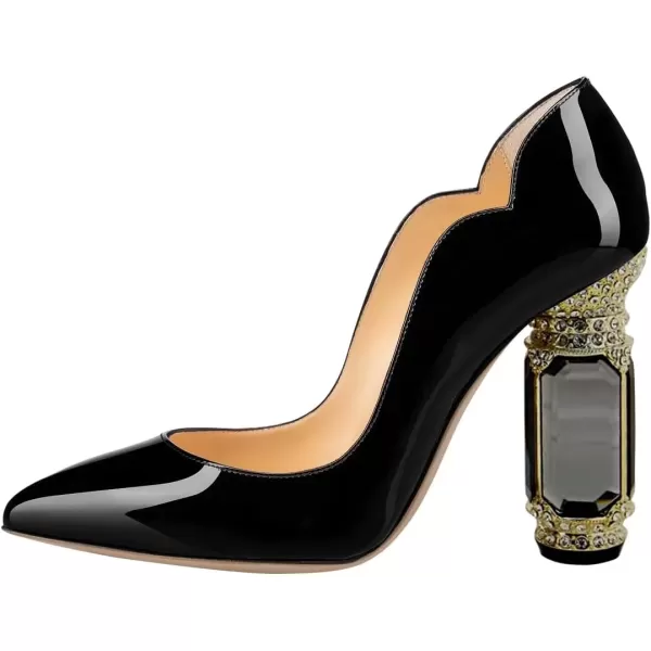 imageFSJ Women Pointed Toe Crystal High Heel Pumps Comfort Slip On Chunky Block Heel Bridal Wedding Evening Party Prom Dress Shoes Size 415 USBlack Patent