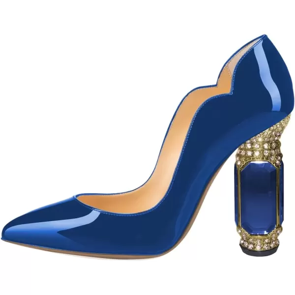 imageFSJ Women Pointed Toe Crystal High Heel Pumps Comfort Slip On Chunky Block Heel Bridal Wedding Evening Party Prom Dress Shoes Size 415 USBlue Patent