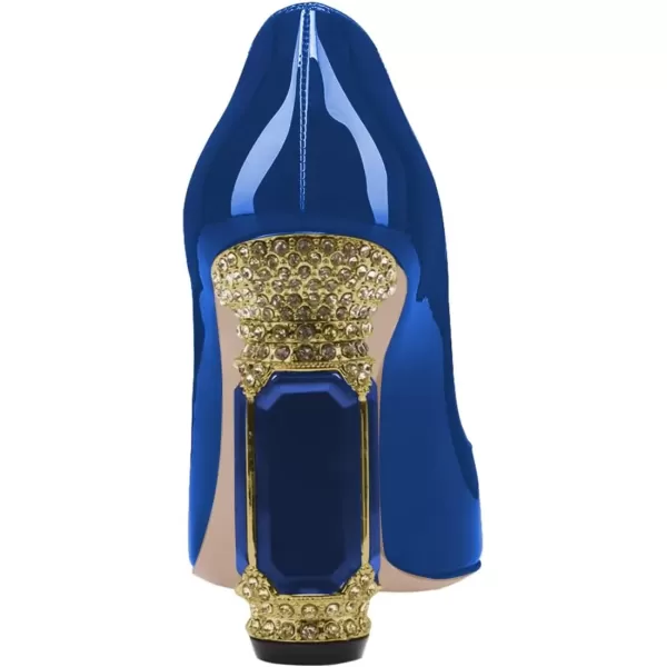 imageFSJ Women Pointed Toe Crystal High Heel Pumps Comfort Slip On Chunky Block Heel Bridal Wedding Evening Party Prom Dress Shoes Size 415 USBlue Patent