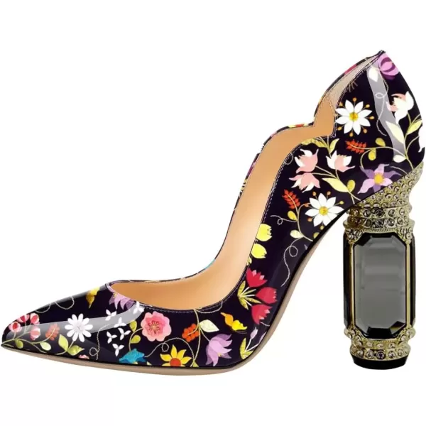 imageFSJ Women Pointed Toe Crystal High Heel Pumps Comfort Slip On Chunky Block Heel Bridal Wedding Evening Party Prom Dress Shoes Size 415 USFlower