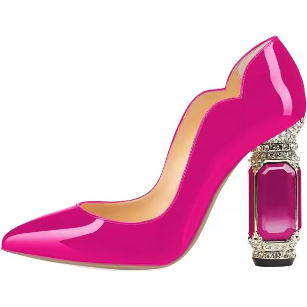 imageFSJ Women Pointed Toe Crystal High Heel Pumps Comfort Slip On Chunky Block Heel Bridal Wedding Evening Party Prom Dress Shoes Size 415 USFushcia