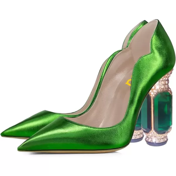 imageFSJ Women Pointed Toe Crystal High Heel Pumps Comfort Slip On Chunky Block Heel Bridal Wedding Evening Party Prom Dress Shoes Size 415 USGreen