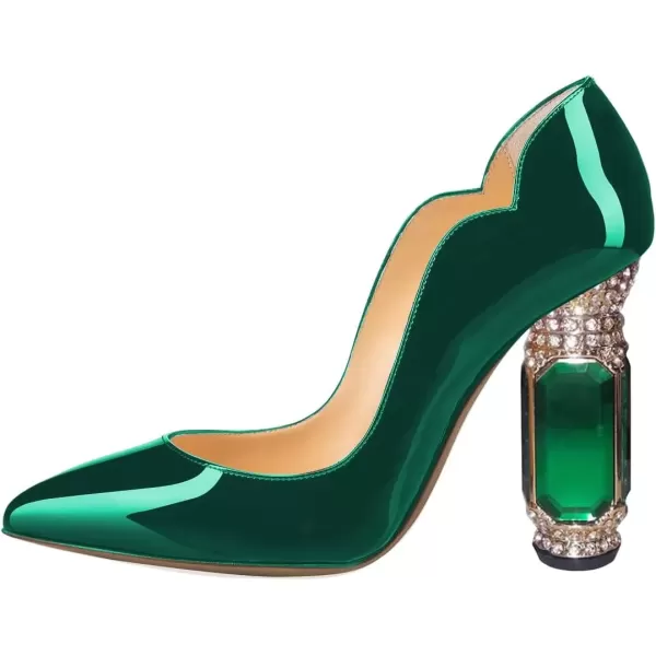 imageFSJ Women Pointed Toe Crystal High Heel Pumps Comfort Slip On Chunky Block Heel Bridal Wedding Evening Party Prom Dress Shoes Size 415 USGreen Patent