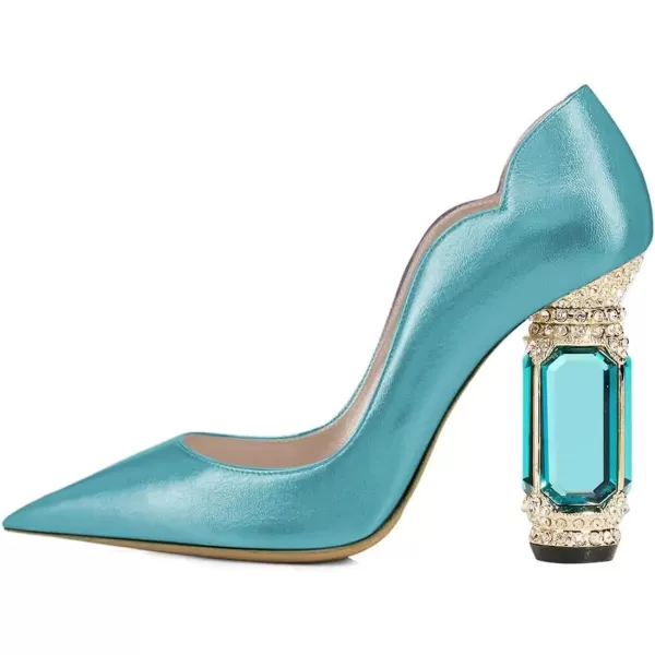 imageFSJ Women Pointed Toe Crystal High Heel Pumps Comfort Slip On Chunky Block Heel Bridal Wedding Evening Party Prom Dress Shoes Size 415 USLake Blue