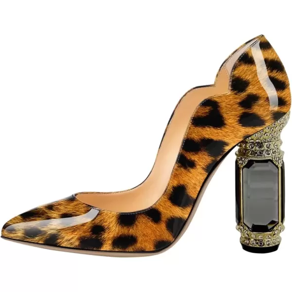 imageFSJ Women Pointed Toe Crystal High Heel Pumps Comfort Slip On Chunky Block Heel Bridal Wedding Evening Party Prom Dress Shoes Size 415 USLeopard