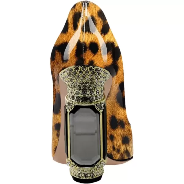 imageFSJ Women Pointed Toe Crystal High Heel Pumps Comfort Slip On Chunky Block Heel Bridal Wedding Evening Party Prom Dress Shoes Size 415 USLeopard