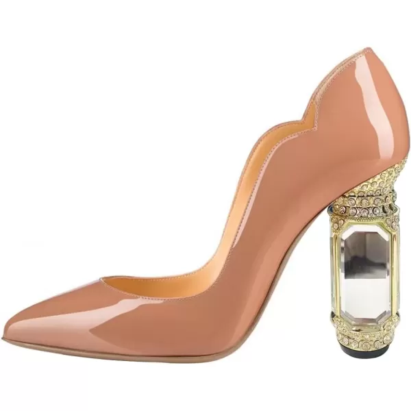 imageFSJ Women Pointed Toe Crystal High Heel Pumps Comfort Slip On Chunky Block Heel Bridal Wedding Evening Party Prom Dress Shoes Size 415 USNude