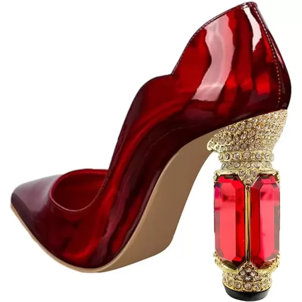 imageFSJ Women Pointed Toe Crystal High Heel Pumps Comfort Slip On Chunky Block Heel Bridal Wedding Evening Party Prom Dress Shoes Size 415 USRed Mirror