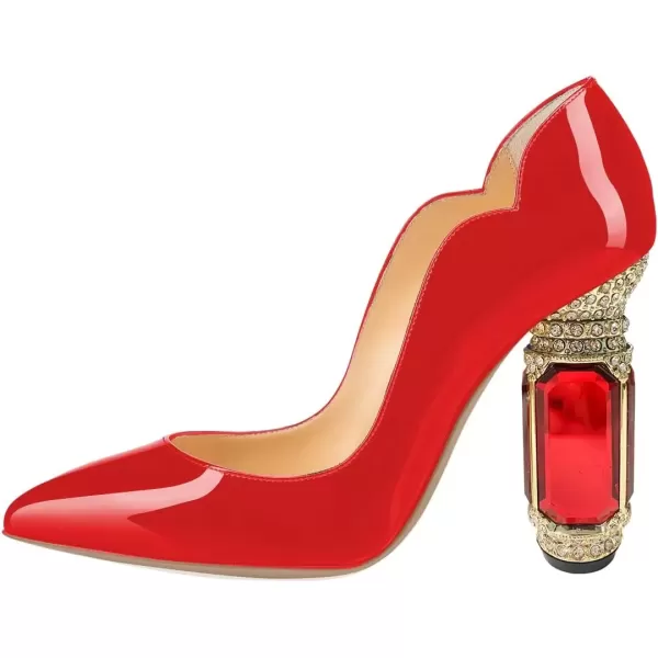 imageFSJ Women Pointed Toe Crystal High Heel Pumps Comfort Slip On Chunky Block Heel Bridal Wedding Evening Party Prom Dress Shoes Size 415 USRed Patent