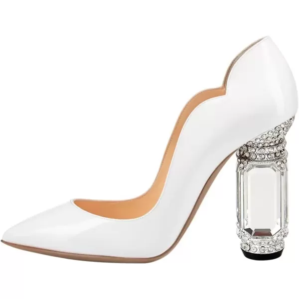 imageFSJ Women Pointed Toe Crystal High Heel Pumps Comfort Slip On Chunky Block Heel Bridal Wedding Evening Party Prom Dress Shoes Size 415 USWhite