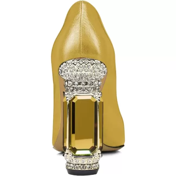 imageFSJ Women Pointed Toe Crystal High Heel Pumps Comfort Slip On Chunky Block Heel Bridal Wedding Evening Party Prom Dress Shoes Size 415 USYellow