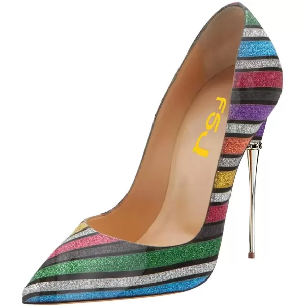 imageFSJ Women Sexy Slip On Formal Pumps Stiletto Heels Pointy Toe Chic Party Evening Dress Ladies Work Shoes Size 415 USMulticolored Stripes