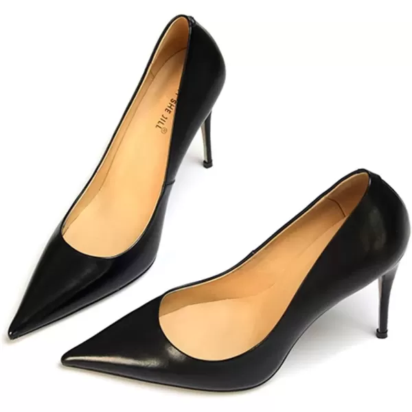 imageFSJ Womens Pointed Toe High Heels Classic Slip on Stiletto Leather Pumps Formal Dress Fashion ShoesBlack