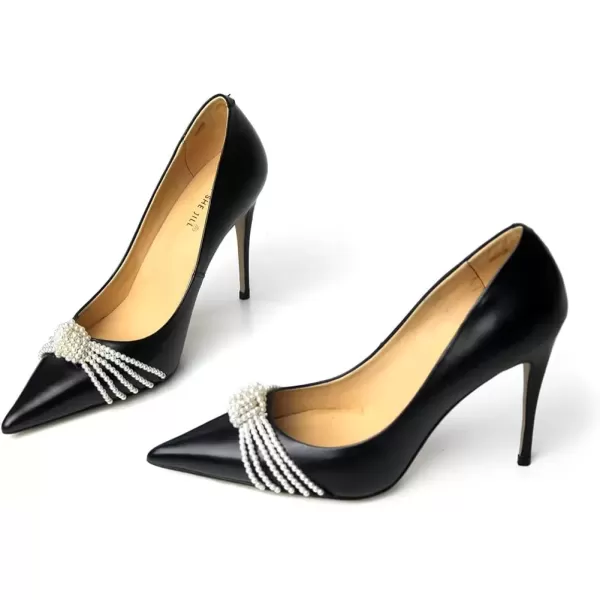 imageFSJ Womens Pointed Toe High Heels Classic Slip on Stiletto Leather Pumps Formal Dress Fashion ShoesBlackpearl